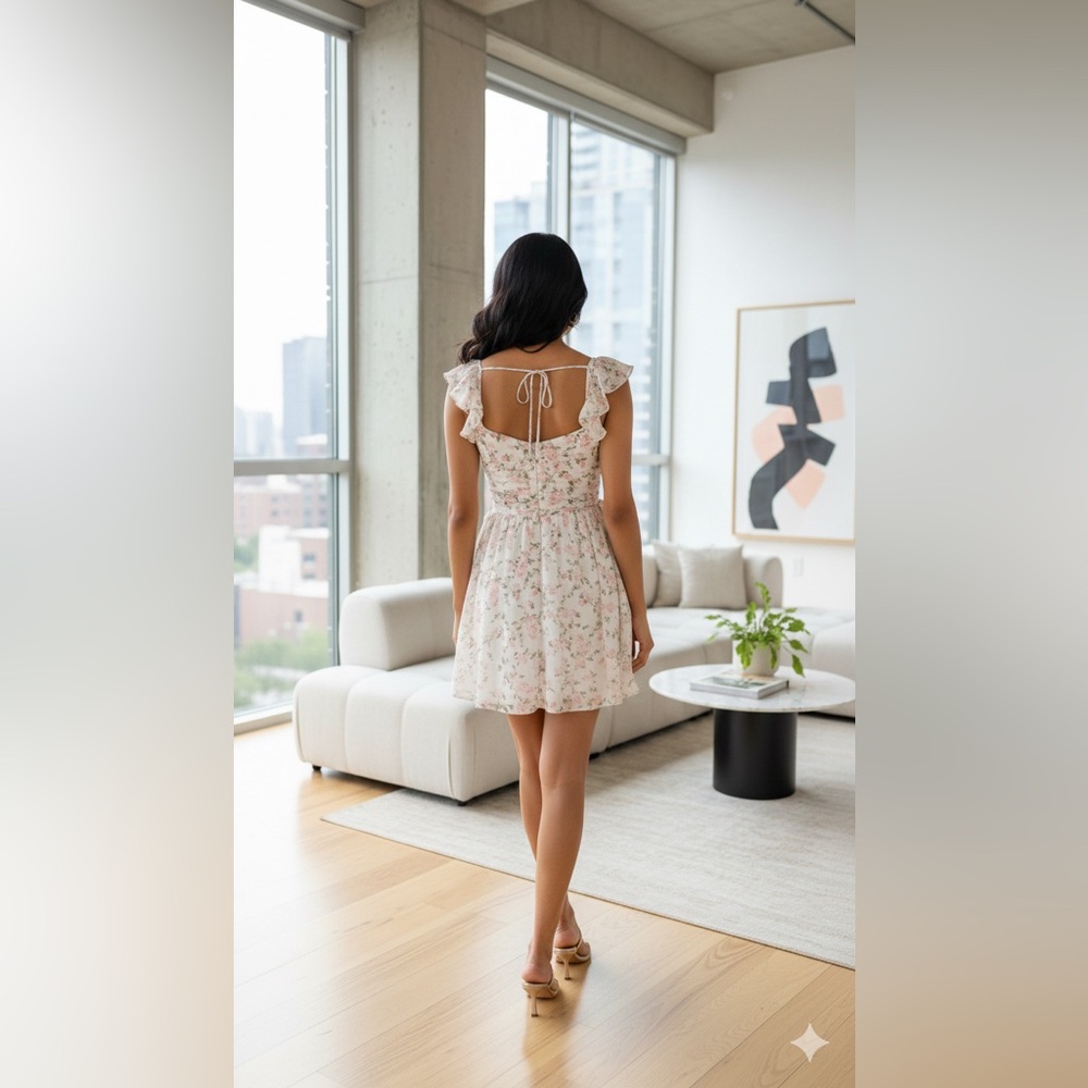 (2225-01) WOMAN FLORAL PRINT MINI SUMER OPEN BACK DRESS - Picture 2 of 4